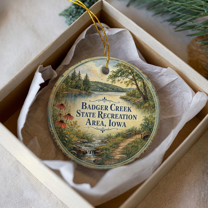 A circular ornament with a scenic landscape of Badger Creek State Recreation Area, Iowa, displayed in a white box with a gold string.