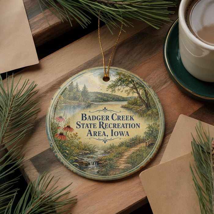 A circular ornament with a scenic landscape of Badger Creek State Recreation Area, Iowa, featuring a winding path, trees, and a lake.
