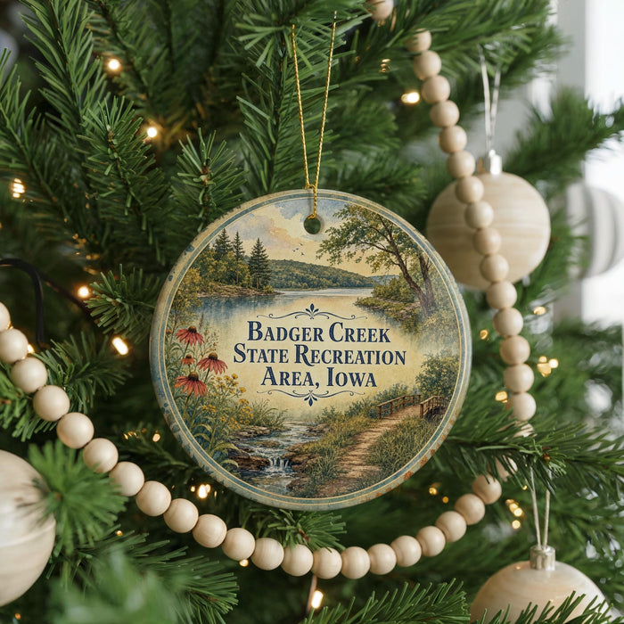A circular ornament hanging on a Christmas tree, featuring a scenic landscape with a lake and trees.