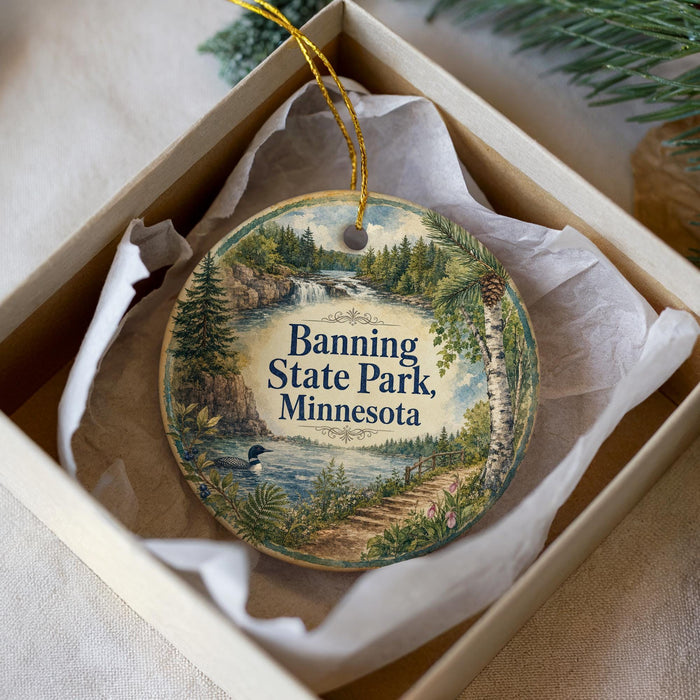 A decorative ornament in a box, featuring a scenic landscape with a river, trees, and a bird, along with the text "Banning State Park, Minnesota".