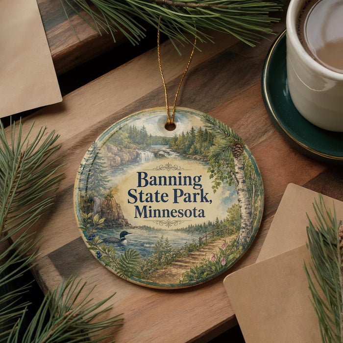 A decorative ornament with a scenic landscape of Banning State Park, Minnesota, featuring a lake, forest, and waterfall. The ornament is hanging on a wooden surface, surrounded by pine branches and a cup of coffee.