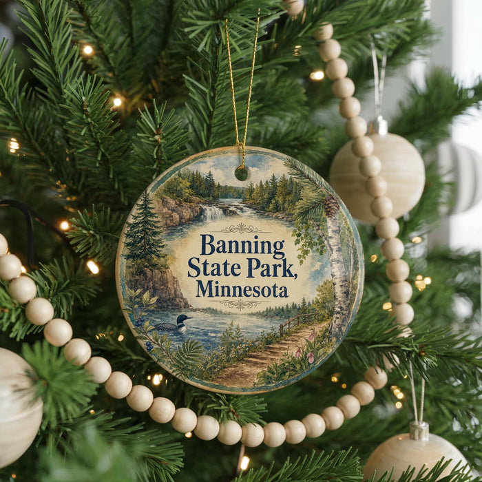 A circular ornament hanging on a Christmas tree, featuring a scenic landscape with a river, pine trees, and a waterfall.