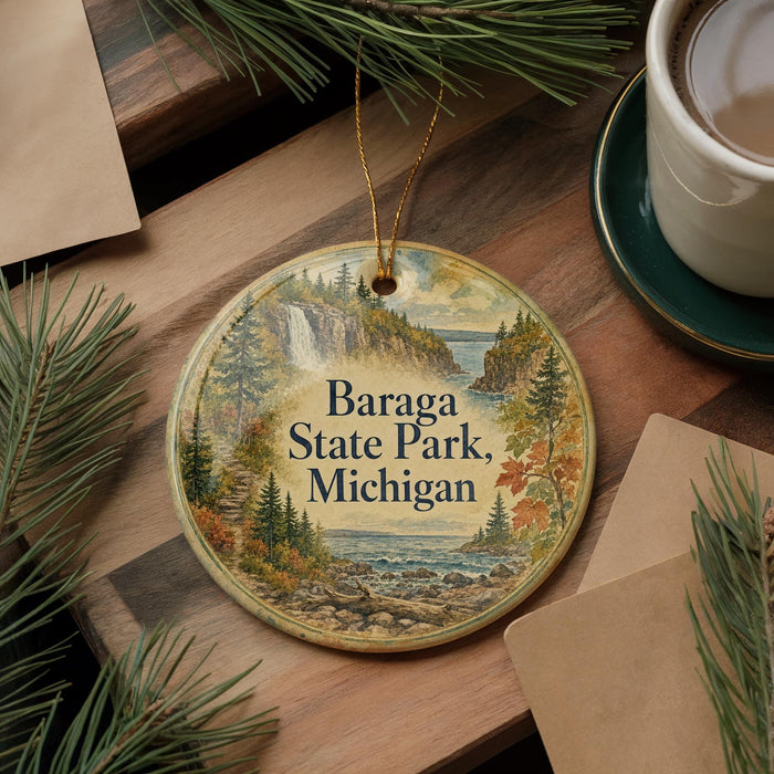 A round ornament with a scenic landscape of Baraga State Park, Michigan, featuring a waterfall and pine trees, is displayed on a wooden surface alongside a cup of coffee and some papers.