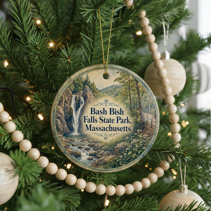 A circular ornament hanging on a Christmas tree, featuring a scenic image of a waterfall surrounded by lush greenery.