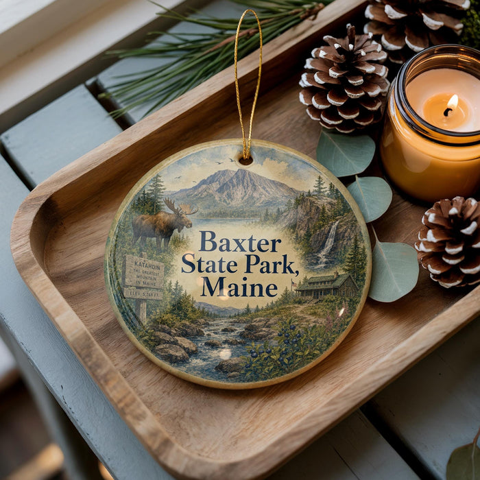 A decorative ornament featuring a scenic image of Baxter State Park, Maine, with a moose and a mountain in the background. The ornament is displayed on a wooden tray, accompanied by pine cones and a lit candle.