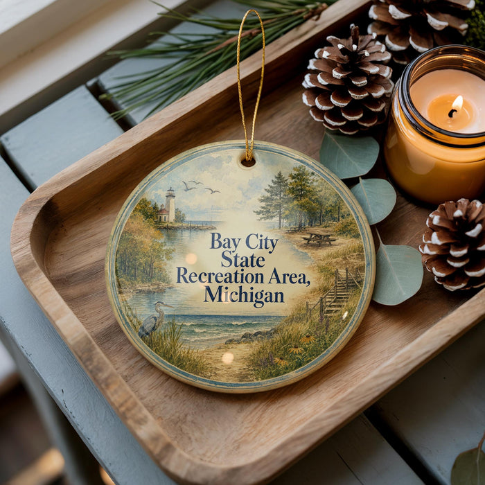 A wooden tray with a decorative ornament featuring a scenic landscape of Bay City, Michigan, and pine cones.
