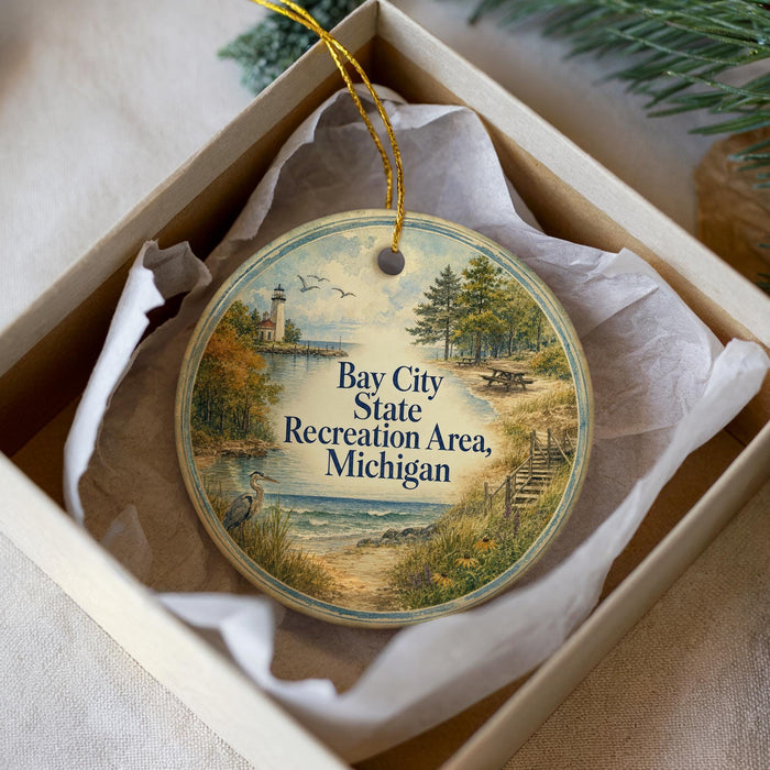 A round ornament with a scenic landscape, featuring a lighthouse, trees, and a body of water, is displayed in a box.