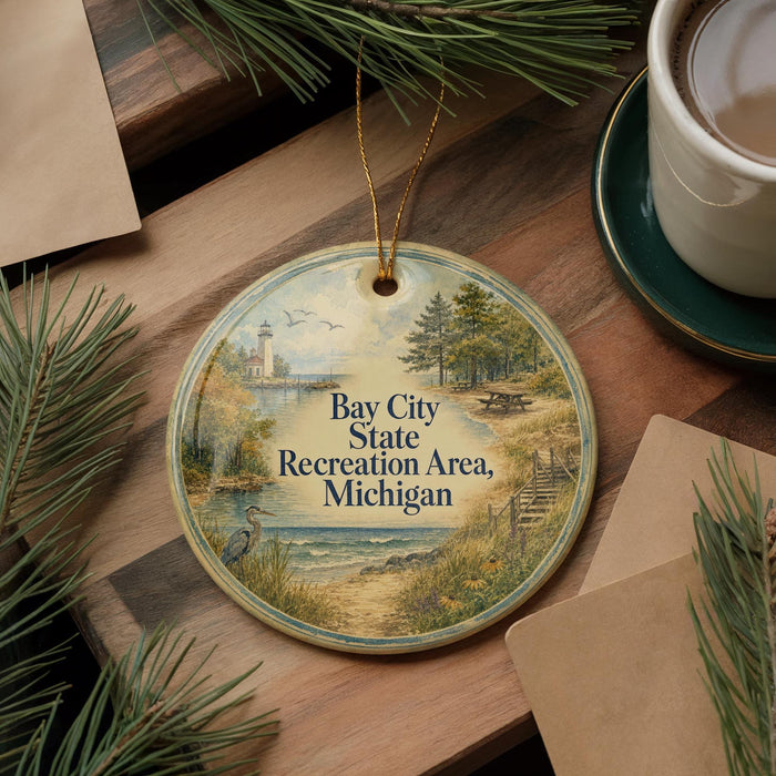 A round ornament with a scenic landscape of a lake, trees, and a lighthouse, hanging on a wooden surface.