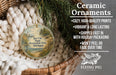 Ceramic ornaments, featuring a Bay City State Recreation Area in Michigan, are displayed in a woven basket. The ornaments are described as cozy, high-quality prints, vibrant, and long-lasting, and are shipped fast in holiday packaging. They are not to be peeled or faded over time.