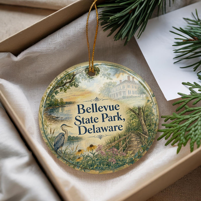 A decorative ornament with a scenic landscape of Bellevue State Park, Delaware, featuring a bird, flowers, and a house.