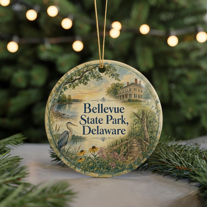 A round ornament with a painting of a house and a bird, surrounded by greenery, hangs in front of a blurred background with twinkling lights.