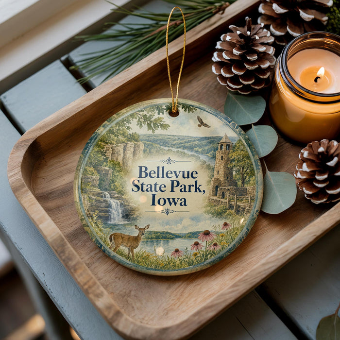A decorative ornament featuring a scenic landscape of Bellveue State Park, Iowa, with a deer and pine cones on a wooden tray.