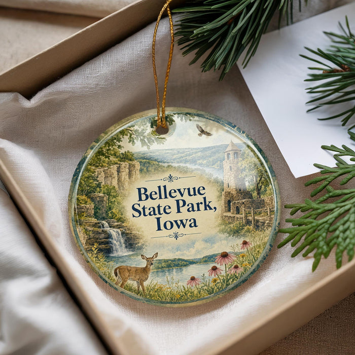 A round ornament with a scenic landscape of bellevue state park, Iowa, featuring a deer, a waterfall, and a castle.