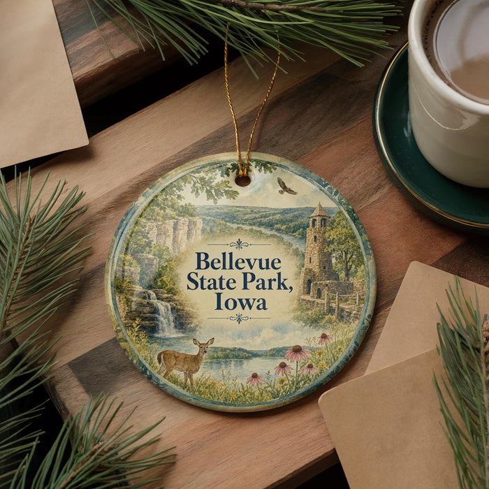 A round ornament with a scenic illustration of Bellevue State Park, Iowa, featuring a deer, a castle, and a waterfall.