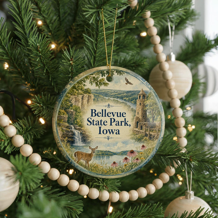 A round ornament hanging on a Christmas tree, featuring a scenic landscape with a waterfall, a castle, and a deer.