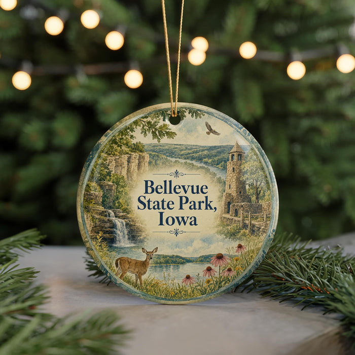 A round ornament featuring a deer and a castle in a scenic landscape, with the text "Bellevue State Park, Iowa" displayed prominently.