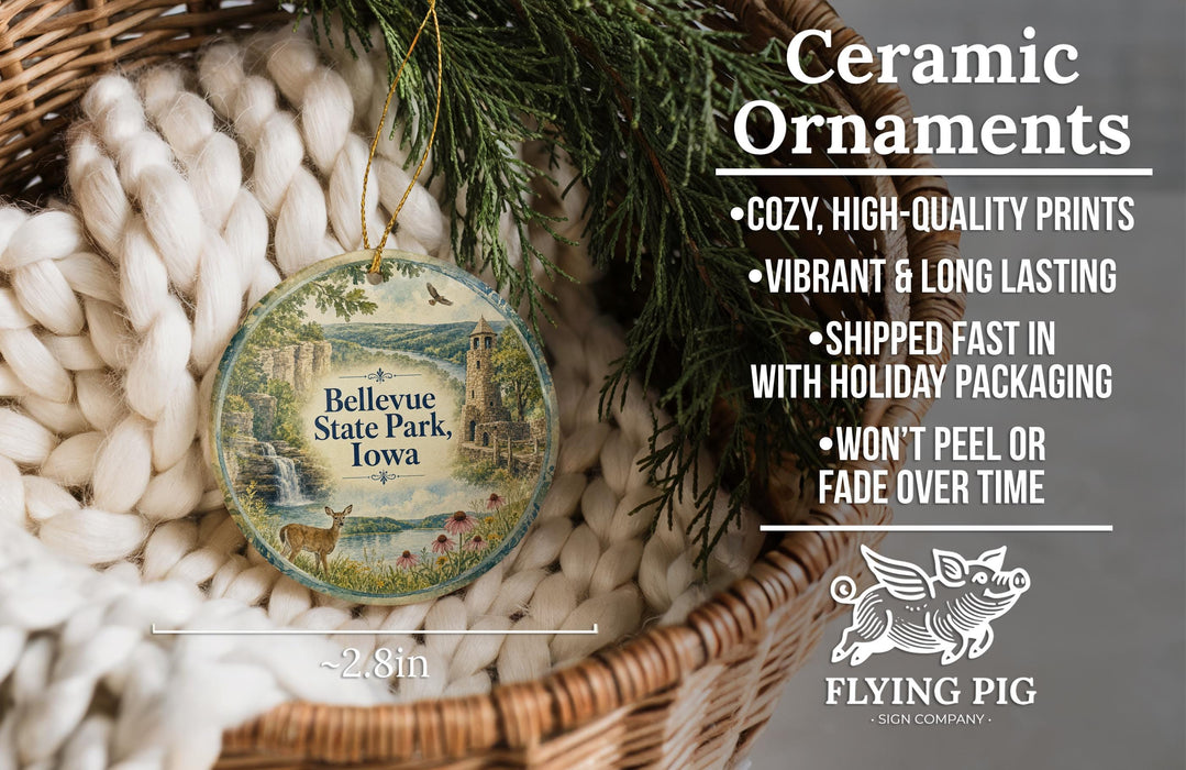Ceramic ornaments, specifically those shaped like the state of Iowa, are displayed in a basket. The text highlights the ornaments as "Ceramic Ornaments" and mentions their features such as "Cozy, High-quality Prints", "Vibrant & Long Lasting", "Shipped Fast in with Holiday Packaging", and " Won't Peel or Fade Over Time".