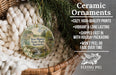 Ceramic ornaments, featuring a Ben Hawes State Park, Kentucky ornament, are displayed in a basket with pine branches. The text highlights the ornament's features, such as its coziness, high-quality prints, vibrant and long-lasting vibrancy, fast shipping, holiday packaging, and the fact that it won't peel or fade over time.