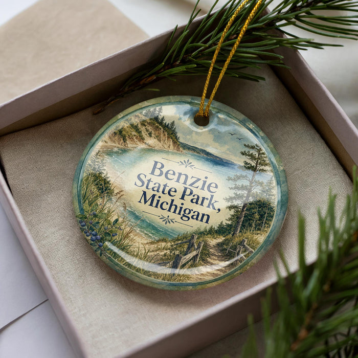 A decorative ornament in a box, featuring a scenic landscape with a lake, mountains, and pine trees.