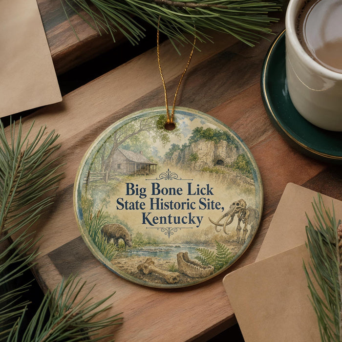 A decorative ornament with a scenic illustration of Big Bone Lick State Historic Site in Kentucky, featuring a house, a cow, and a deer. The ornament is hanging on a wooden surface, surrounded by pine branches and a cup of coffee.