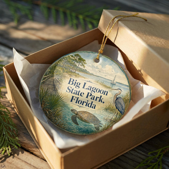 A decorative ornament in a box, featuring an illustration of a seagull, a turtle, and palm trees, with the text "Big Lagoon State Park, Florida" printed on it.
