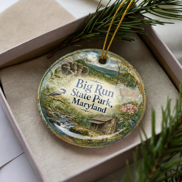 A decorative ornament in a box, featuring a scenic landscape with a bird, a cabin, and a stream.