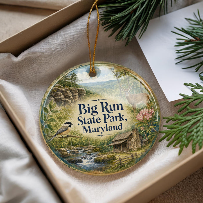 A decorative ornament with a scenic image of Big Run State Park, Maryland, featuring a bird, a cabin, and a stream.