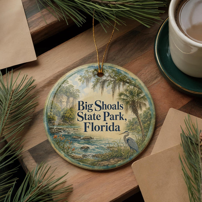 A circular ornament with a scenic landscape of Big Shoals State Park, Florida, featuring a bird and palm trees, is displayed on a wooden surface alongside a cup of coffee and some pine branches.