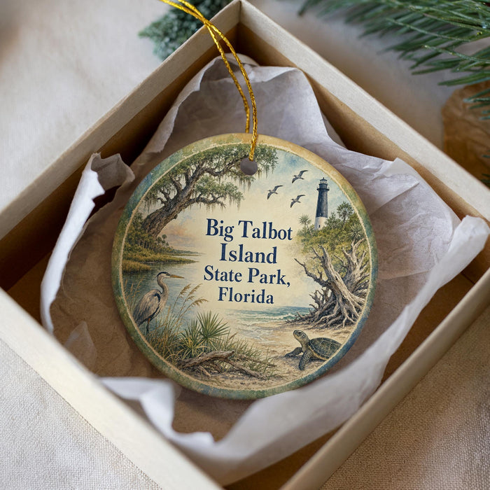 A decorative ornament in a box, featuring a scenic image of Big Talbot Island, Florida, with a lighthouse and birds in the background.