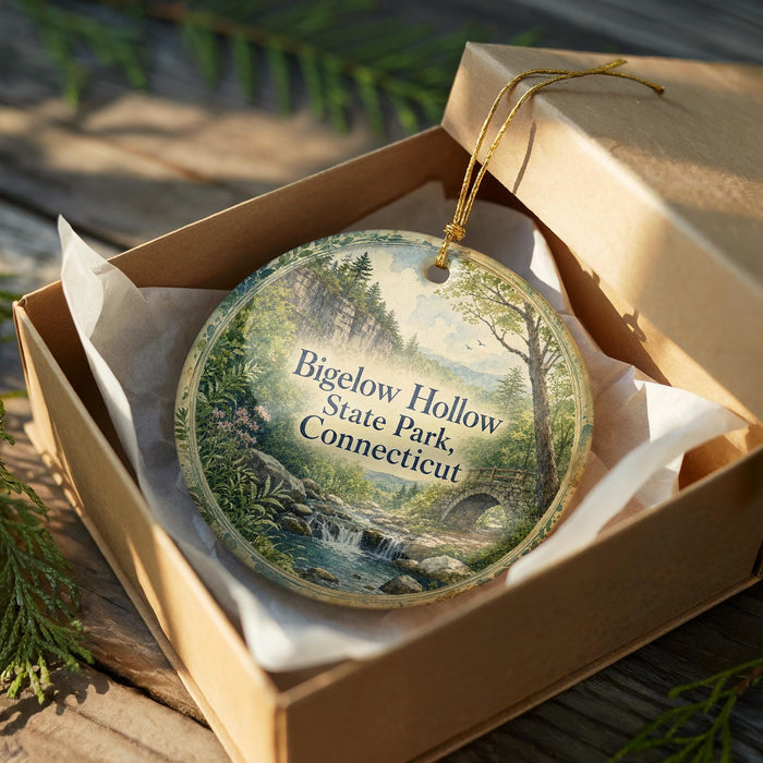 A round ornament in a box, featuring a scenic landscape with a waterfall and trees, with the text "Bigelow Hollow State Park Connecticut" printed on it.
