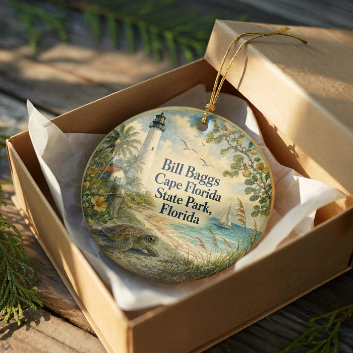 A decorative ornament in a box, featuring a lighthouse and a beach scene, with the text "Bill Bagg's Cape Florida State Park, Florida" printed on it.