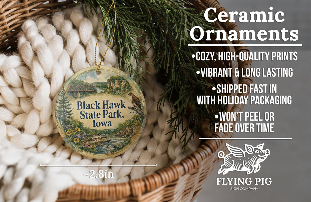 a ceramic ornament hanging from a wicker basket, with a description of the ornament and its features.