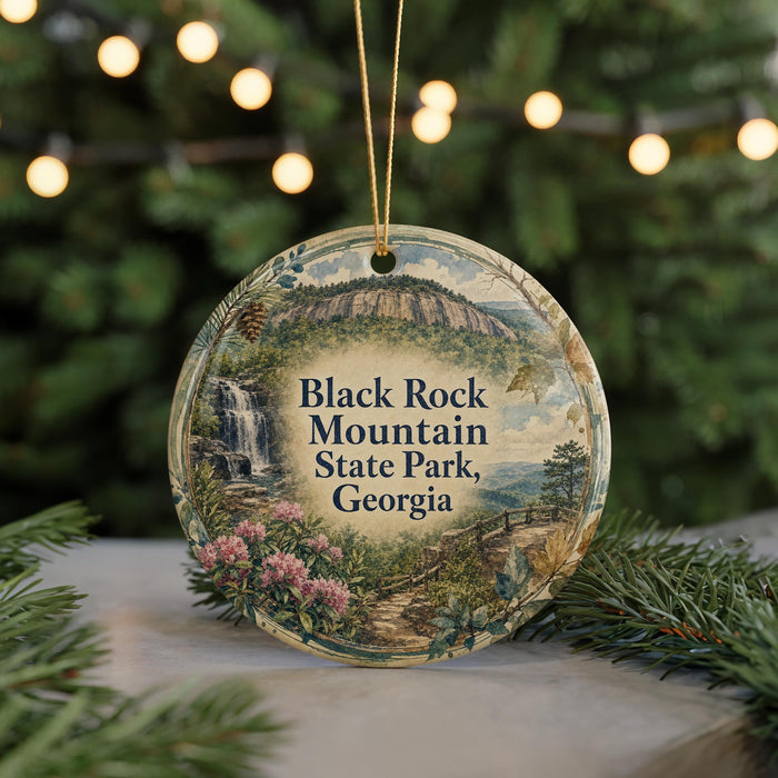 A decorative ornament featuring a scenic landscape of Black Rock Mountain State Park, Georgia, with a waterfall and pine trees.