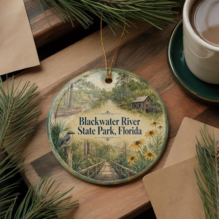 A decorative ornament featuring a scenic image of the Blackwater River State Park in Florida, surrounded by pine branches and flowers.