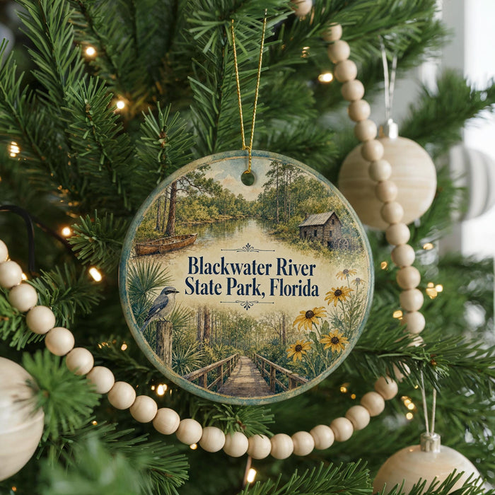 A round ornament hanging on a Christmas tree, featuring a scenic image of the Blackwater River State Park in Florida.