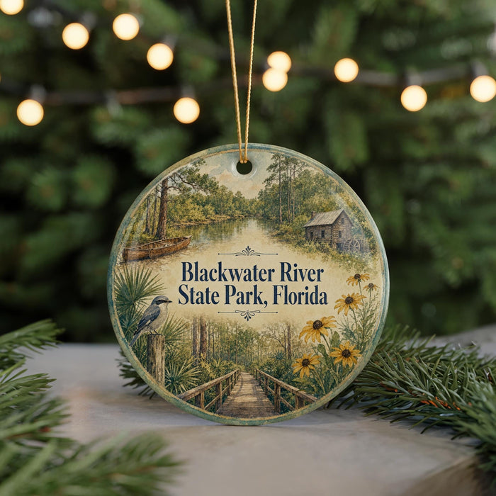 A round ornament featuring a scenic image of Blackwater River State Park, Florida, with a bird perched on a tree branch and a wooden bridge in the foreground.