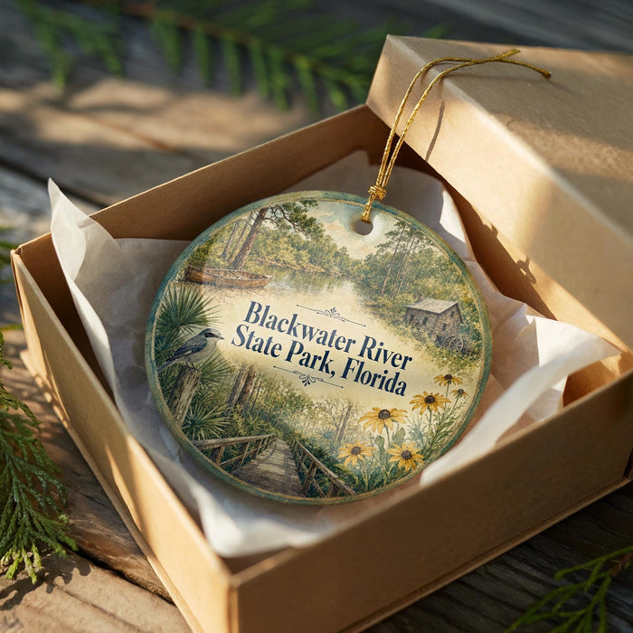 A decorative ornament in a wooden box, featuring a scenic image of Blackwater River State Park, Florida.