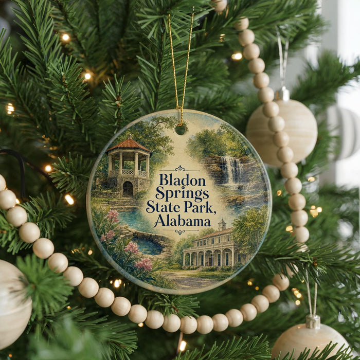A round ornament hanging on a Christmas tree, featuring a scenic image of Bladon Springs State Park, Alabama.