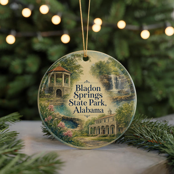 A circular ornament featuring a scenic image of Bladon Springs State Park in Alabama, with a gazebo and waterfall in the background.