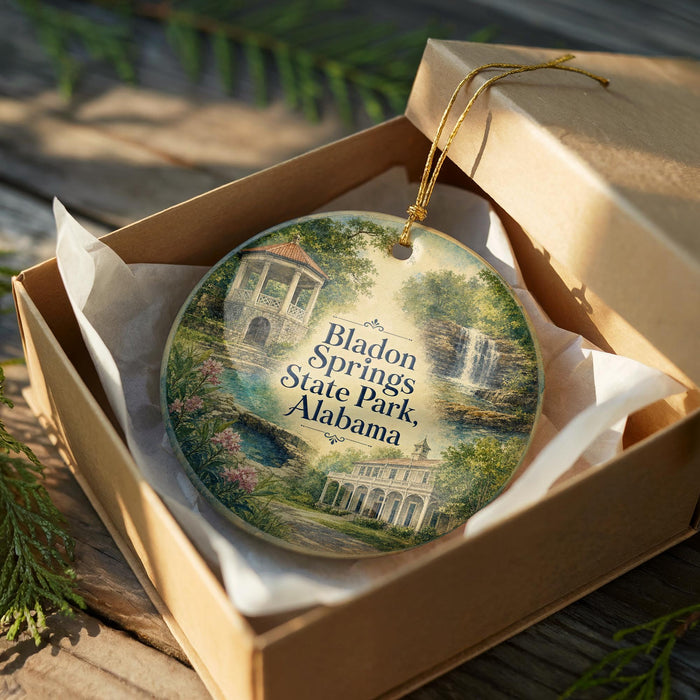 A decorative ornament in a wooden box, featuring a scenic landscape with a gazebo, trees, and a waterfall.