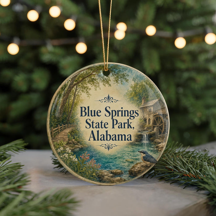 A decorative ornament featuring a scenic image of Blue Springs State Park in Alabama, with a bird perched on a rock in the foreground.