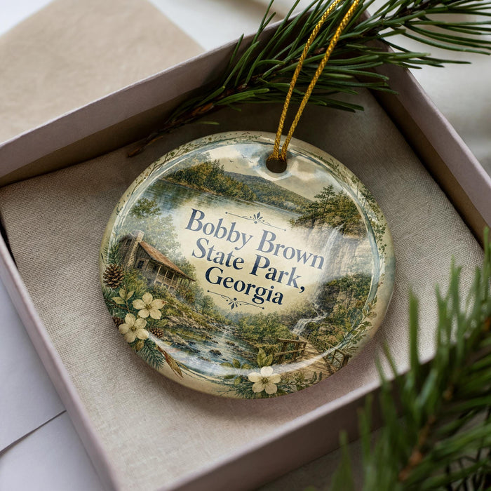 A decorative ornament in a box, featuring a scenic landscape with a cabin and pine trees.