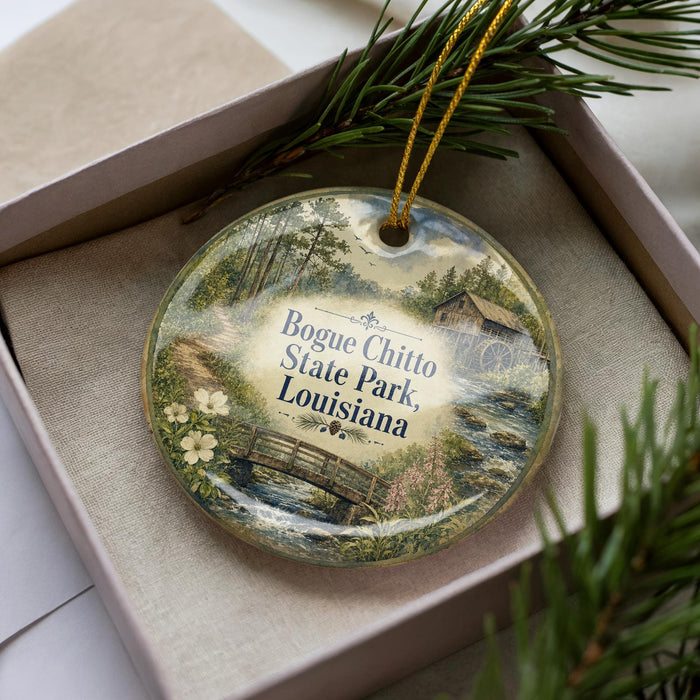 A decorative ornament in a box, featuring a scenic landscape with a bridge, trees, and flowers.