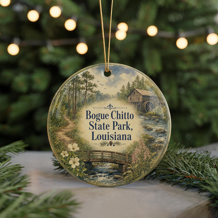 A round ornament with a painting of a scenic landscape, featuring a bridge, trees, and a river, hangs in front of a blurred background of Christmas lights.