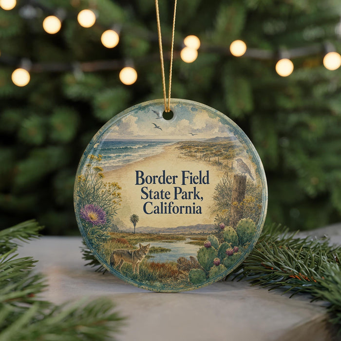 A circular ornament with a scenic landscape of Border Field State Park, California, featuring a beach, mountains, and wildlife.