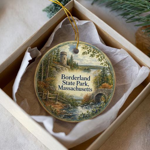 A decorative ornament in a box, featuring a scenic landscape with a castle, trees, and a river.