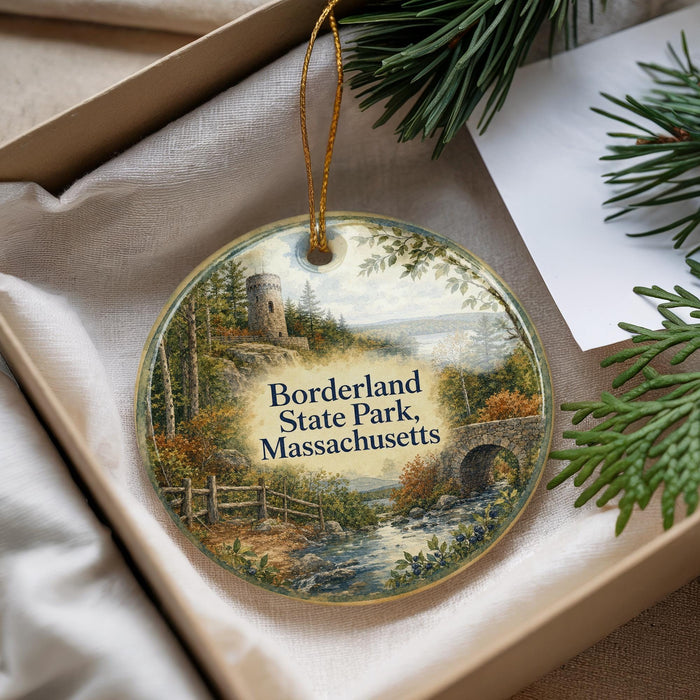 A round ornament with a painting of a scenic landscape, including a castle, trees, and a river, is displayed in a box with pine branches.