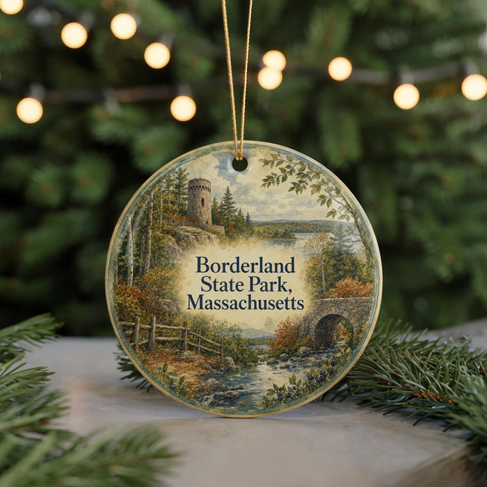 A round ornament featuring a scenic landscape with a castle, trees, and a bridge, hanging in front of a blurred Christmas tree with lights.