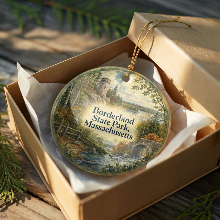 A decorative ornament in a brown box, featuring a scenic landscape with a castle, trees, and a river.