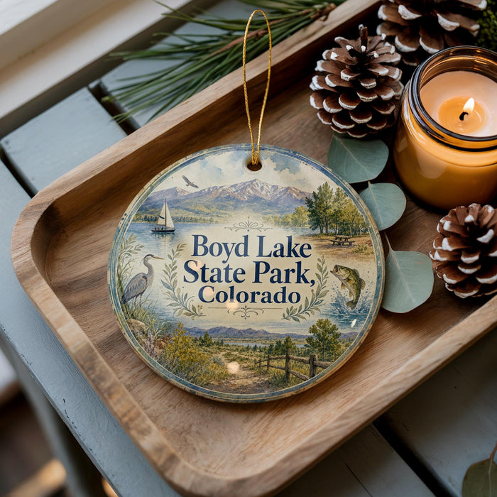 A wooden tray with a decorative ornament featuring a scenic landscape of Boyd Lake State Park, Colorado, along with pine cones and a lit candle.
